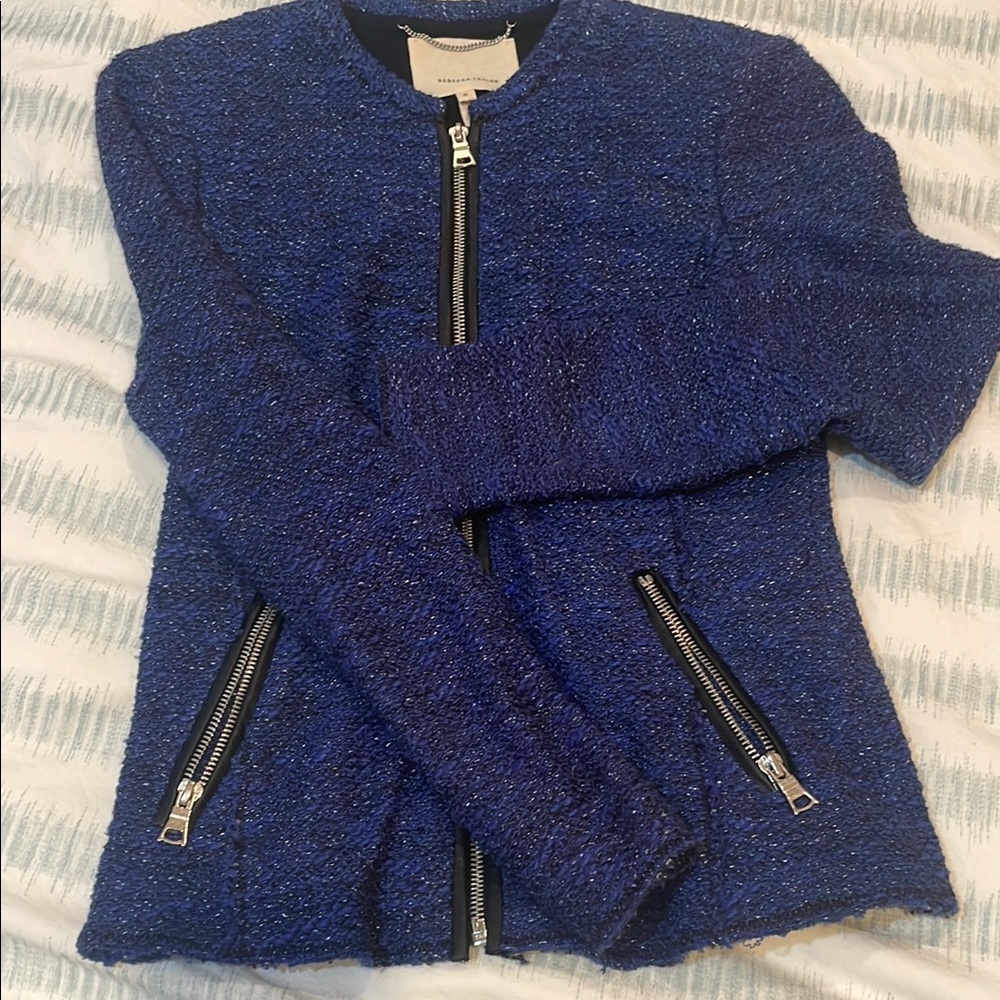 Rebecca Taylor Blue Tweed Jacket with Leather Zipper Details, Size 2